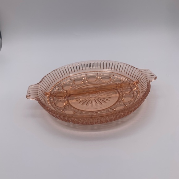 Vtg. Starburst Windsor Pink Depression 2 Part Divided Relish Tray With Handles - Picture 6 of 15